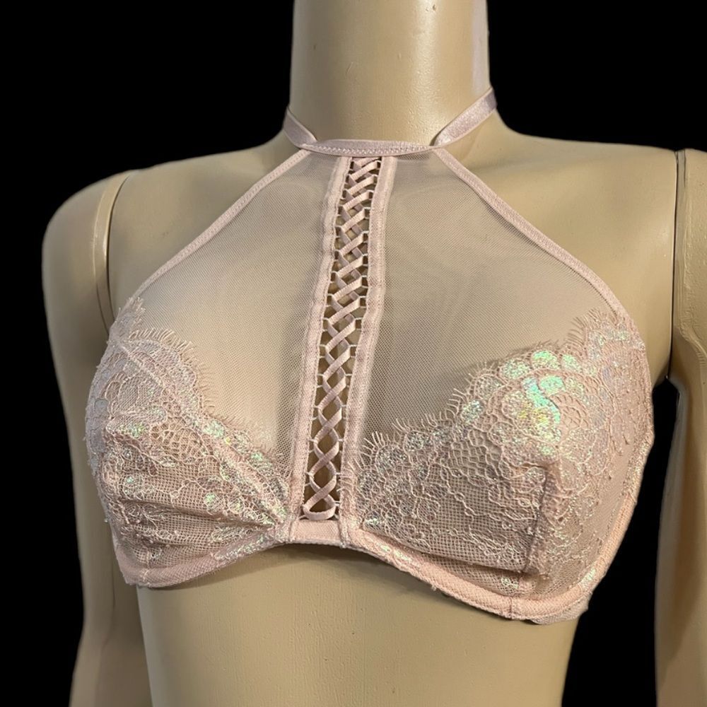 Victorias Secret Very Sexy High Neck Metallic Lace bralette bra beige Small